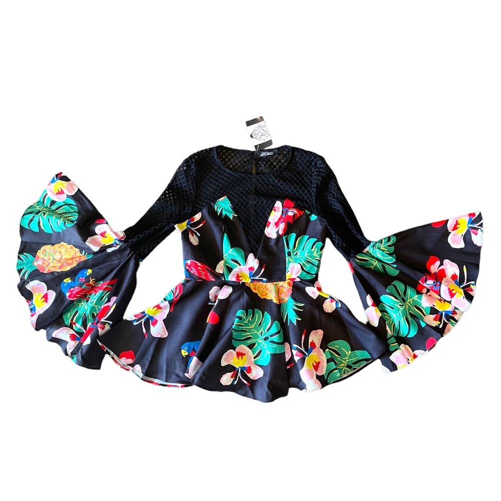 Floral Colorful Mesh Peplum Top - Picture 7 of 11